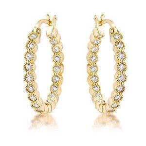 18K Yellow Gold Plated .44 CTW Cubic Zirconia Dotted Designer Hoop Earrings